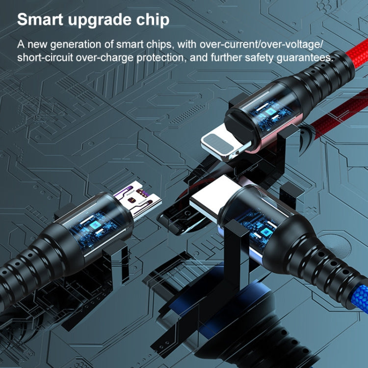 K061 Câble de charge rapide rond 3 en 1 USB vers 8 broches + USB-C / Type-C + Micro USB de 1,2 m 5A