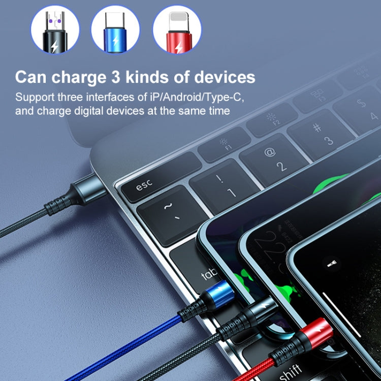 K061 Câble de charge rapide rond 3 en 1 USB vers 8 broches + USB-C / Type-C + Micro USB de 1,2 m 5A