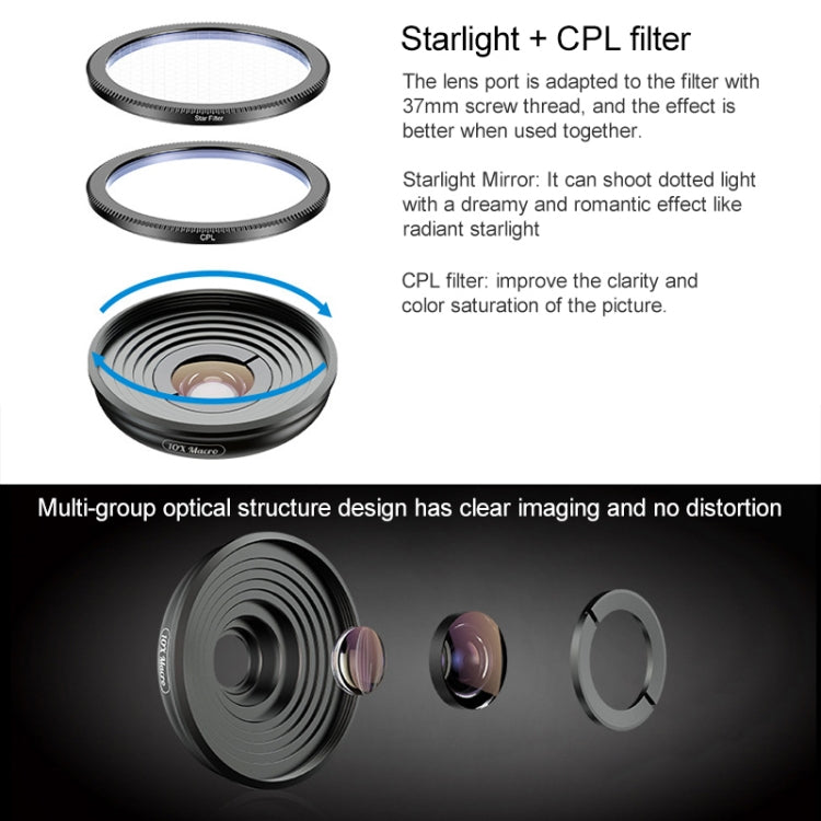 APEXEL APL-HB10X Kit d'objectifs pour téléphone macro téléobjectif avec clip + filtre étoilé + objectif CPL, APL-HB10X