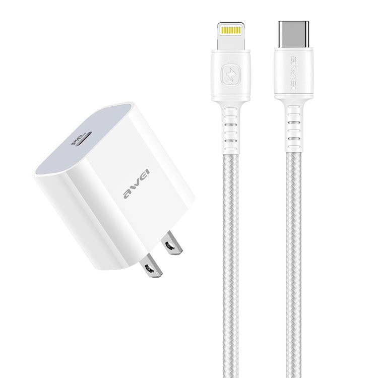 Chargeur de voyage à charge rapide awei PD5 PD 20W avec adaptateur secteur et câble USB-C vers 8 broches, prise américaine