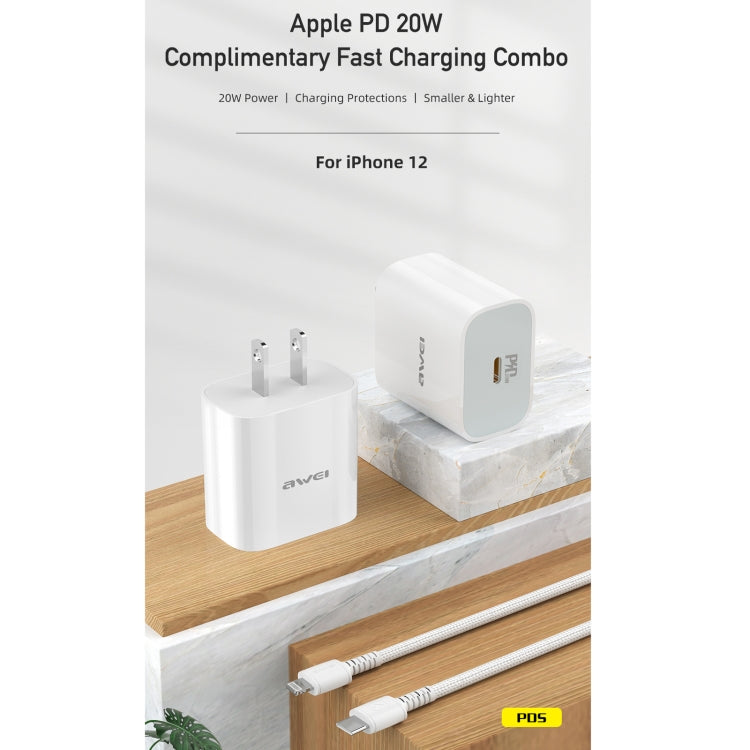 Chargeur de voyage à charge rapide awei PD5 PD 20W avec adaptateur secteur et câble USB-C vers 8 broches, prise américaine