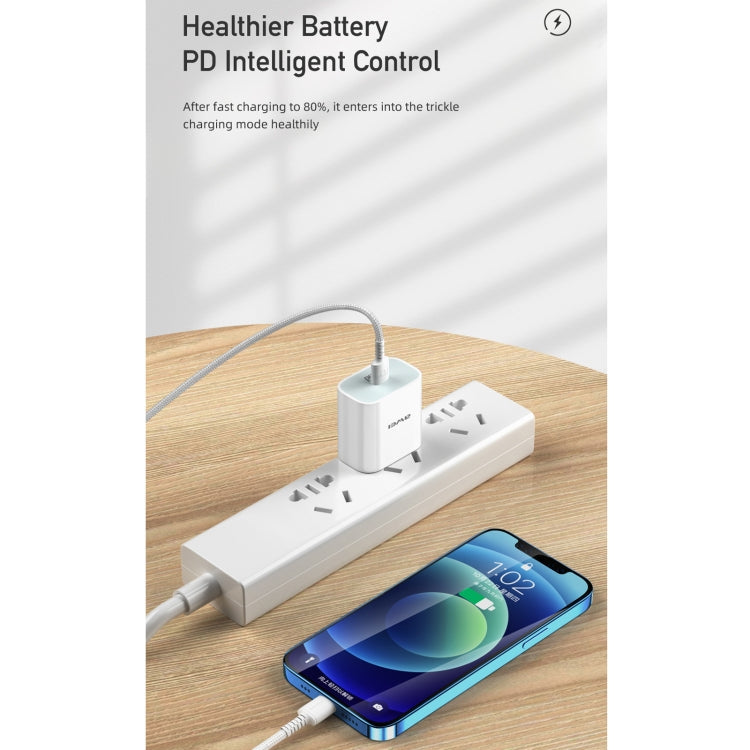 Chargeur de voyage à charge rapide awei PD5 PD 20W avec adaptateur secteur et câble USB-C vers 8 broches, prise américaine