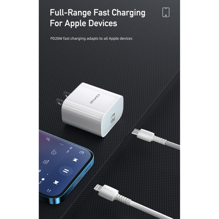 Chargeur de voyage à charge rapide awei PD5 PD 20W avec adaptateur secteur et câble USB-C vers 8 broches, prise américaine