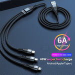 ADC-138 Câble de données tressé 3 en 1 USB vers 8 broches + Micro USB + USB-C / Type-C 66W à charge rapide, longueur du câble : 1,2 m