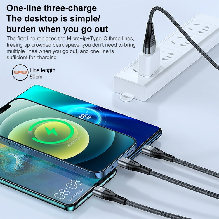 ADC-138 Câble de données tressé 3 en 1 USB vers 8 broches + Micro USB + USB-C / Type-C 66W à charge rapide, longueur du câble : 1,2 m