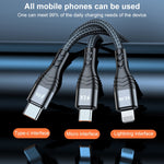 ADC-138 Câble de données tressé 3 en 1 USB vers 8 broches + Micro USB + USB-C / Type-C 66W à charge rapide, longueur du câble : 1,2 m
