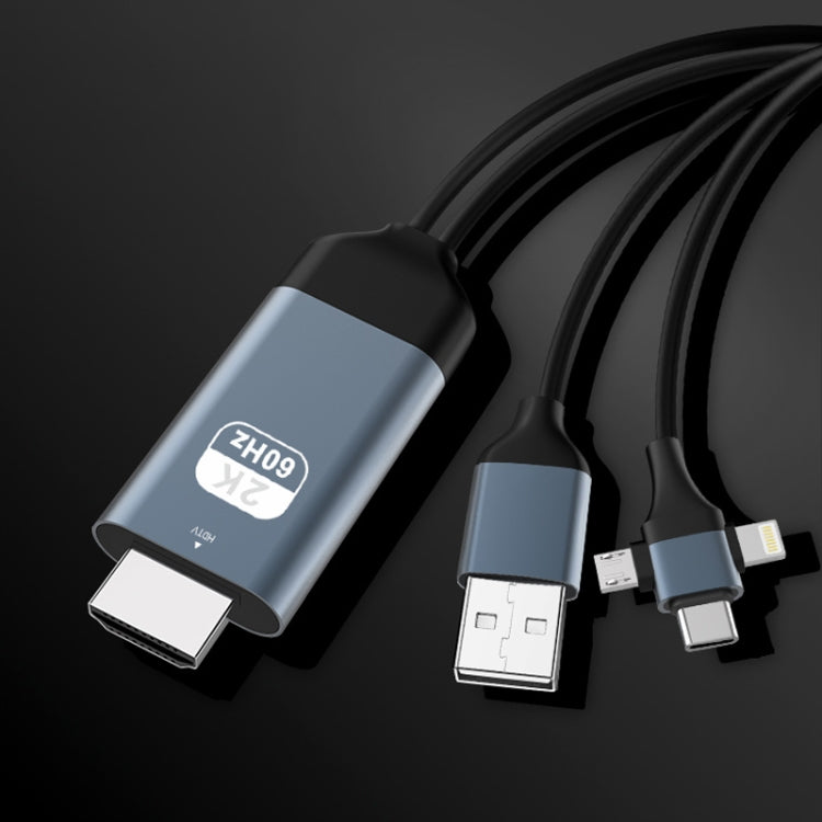 Câble HDTV P8J en aluminium 3 en 1 8 broches + Micro USB + USB-C / Type-C, longueur de câble : 2m, HDMI 3 en 1 (aluminium)