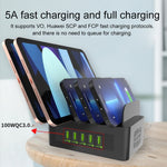 YFY-A54 Station de charge intelligente 5 ports USB + Type-C 100W avec support pour téléphone et tablette, prise US, YFY-A54