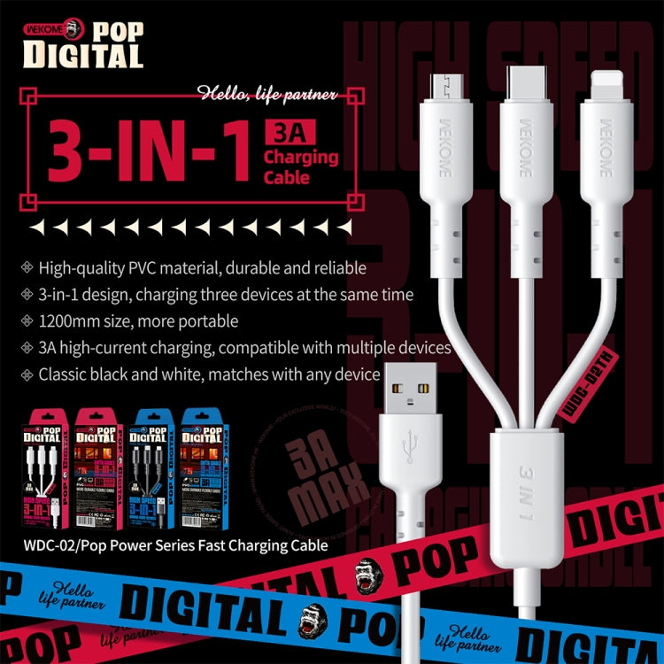 WEKOME WDC-02 Série Tidal Energy Câble de données 3 en 1 en PVC USB vers 8 broches+Type-C+Micro USB 3A, Longueur : 1,2 m
