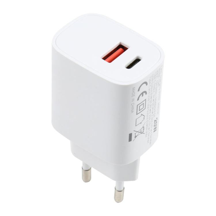 T087 Chargeur de voyage à charge rapide 20W avec ports USB-C / Type-C + USB, prise européenne