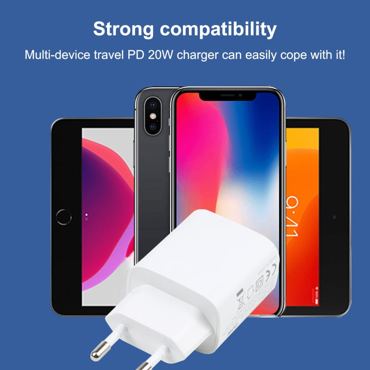 T087 Chargeur de voyage à charge rapide 20W avec ports USB-C / Type-C + USB, prise européenne