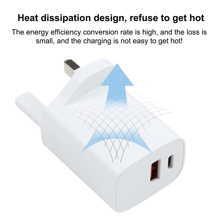 E087 Chargeur de voyage rapide 20 W avec ports USB-C / Type-C + USB, prise Royaume-Uni