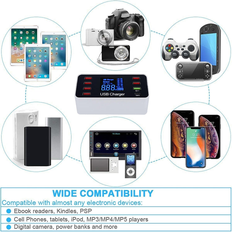 A9 Plus (Version Globale) Station de recharge détachable multifonction AC 100V~240V 8 ports USB avec écran numérique LCD et chargeur sans fil, compatible QC3.0, A9 Plus (Version Globale)
