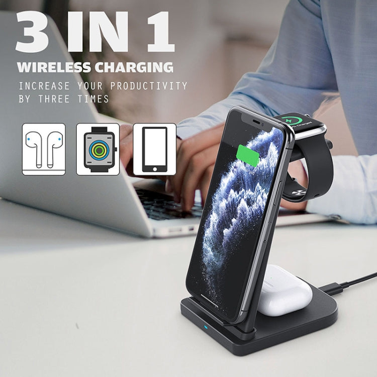 Chargeur sans fil multifonction vertical 10W 3-en-1 QC 3.0 avec support, compatible avec les téléphones portables / Apple Watch / AirPods