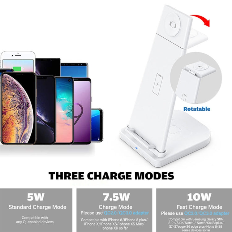 Chargeur sans fil multifonction vertical 10W 3-en-1 QC 3.0 avec support, compatible avec les téléphones portables / Apple Watch / AirPods