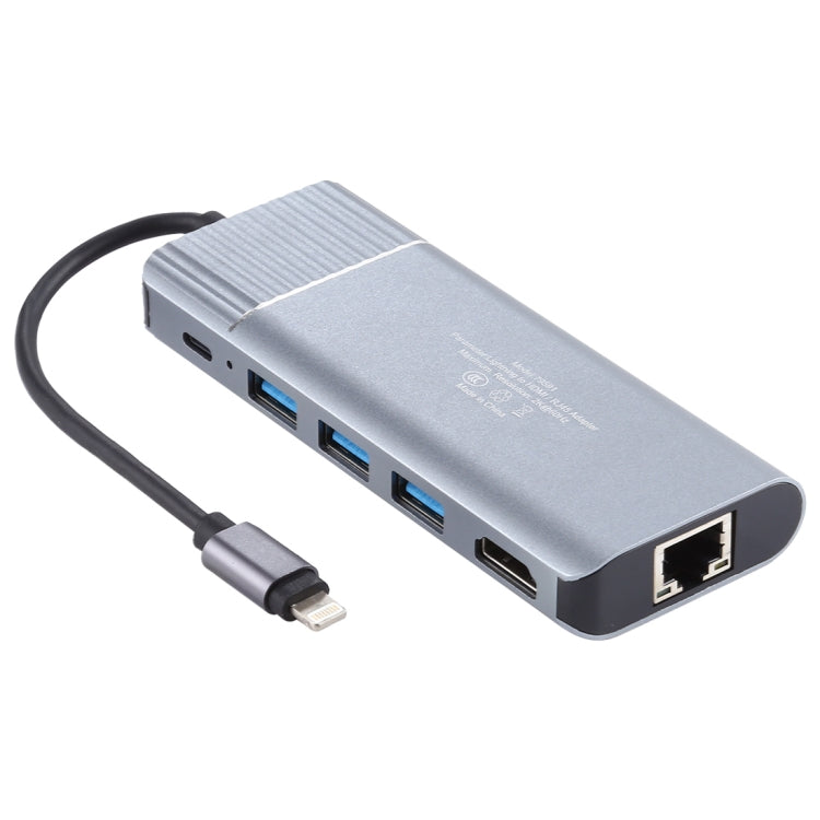 Adaptateur de station d'accueil multifonction 6 en 1 USB 2.0 x 3 + HDMI + RJ45 + Port de charge femelle 8 broches vers mâle 8 broches, 79591