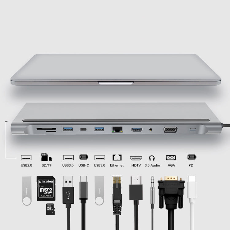 Adaptateur HUB 11 en 1 RJ45 + 87W PD + SD/TF + USBx3 + HDMI + VGA + AUX 3,5 mm vers Type-C, 11 en 1