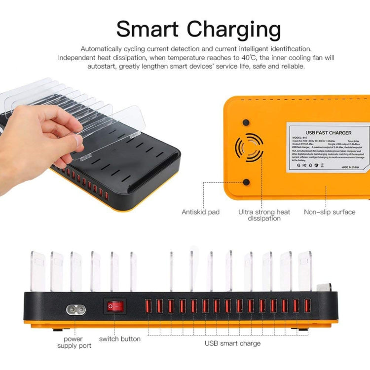 Station de recharge rapide USB intelligente WLX-815 100W à 15 ports avec support pour téléphone et tablette, prise US 100W, prise EU 100W, prise UK 100W, prise AU 100W