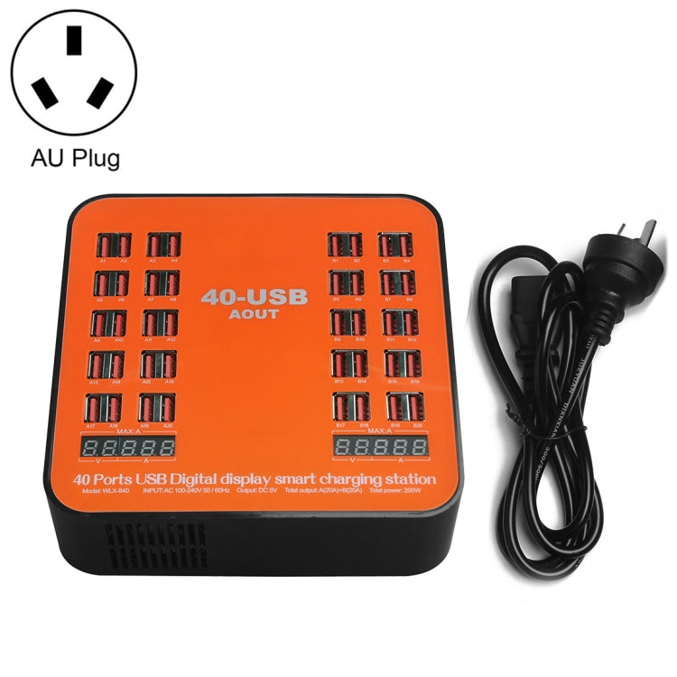 WLX-840 Station de Recharge Intelligente USB 200W à 40 Ports avec Écran Numérique AC100-240V, Prise AU (Noir+Orange), Prise AU