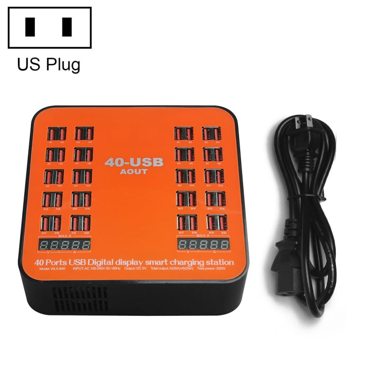 Station de recharge intelligente USB 40 ports avec affichage numérique WLX-840 200 W CA 100-240 V, prise américaine (noir + orange)