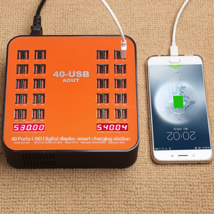 Station de recharge intelligente USB 40 ports avec affichage numérique WLX-840 200 W CA 100-240 V, prise américaine (noir + orange)