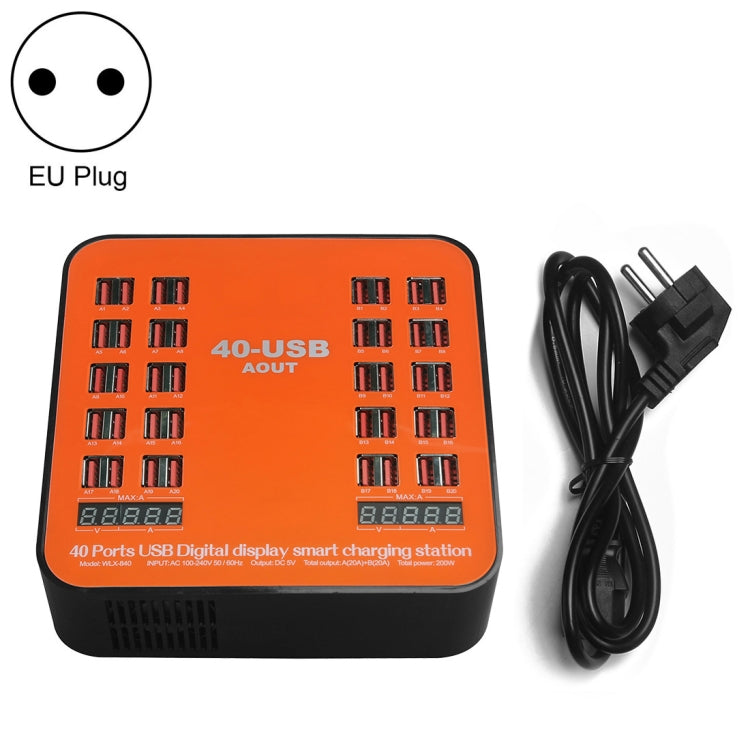 WLX-840 200W Station de Recharge Intelligente USB 40 Ports avec Affichage Numérique AC100-240V, Prise UE (Noir+Orange), Prise UE