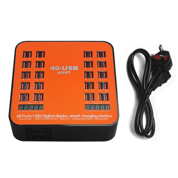 WLX-840 Station de Recharge Intelligente USB à Écran Numérique 40 Ports 200W AC100-240V, Prise UK (Noir+Orange), Prise UK