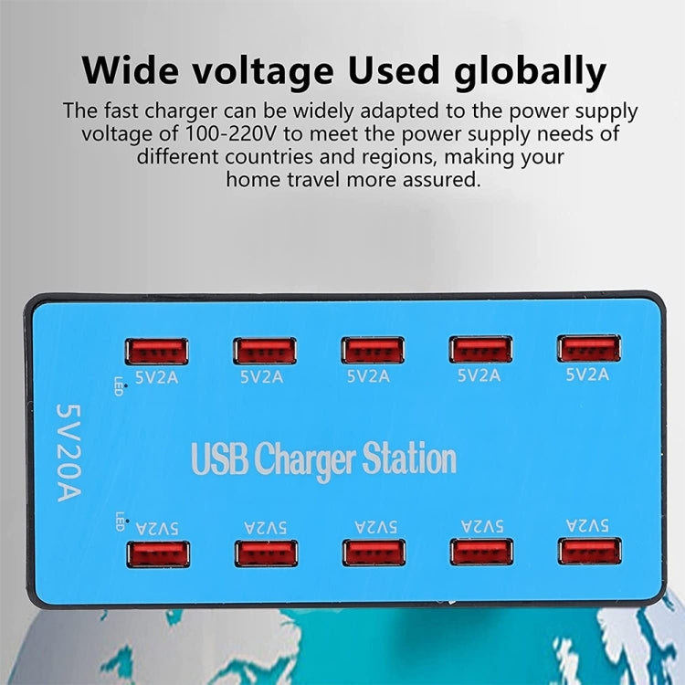 Station de charge intelligente USB 10 ports A5B 100W avec voyant lumineux, prise US, 100W