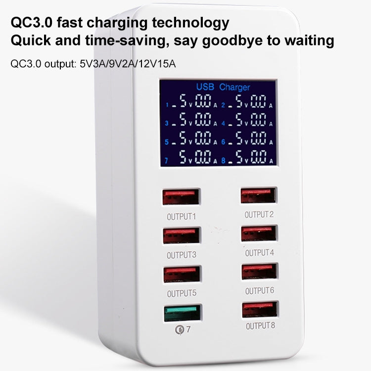 Station de charge intelligente A8 50W 8 ports USB + QC3.0 avec affichage numérique AC100-240V, prise EU, A8 prise EU