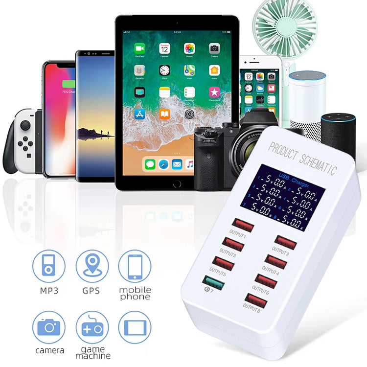 Station de charge intelligente A8 50W 8 ports USB + QC3.0 avec affichage numérique AC100-240V, prise EU, A8 prise EU