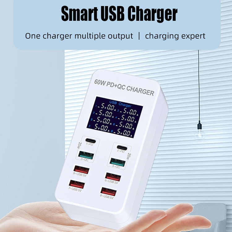 Station de charge intelligente USB A8T 60W 8 ports + QC3.0 + PD Type-C avec affichage numérique AC100-240V, prise AU, prise A8T AU