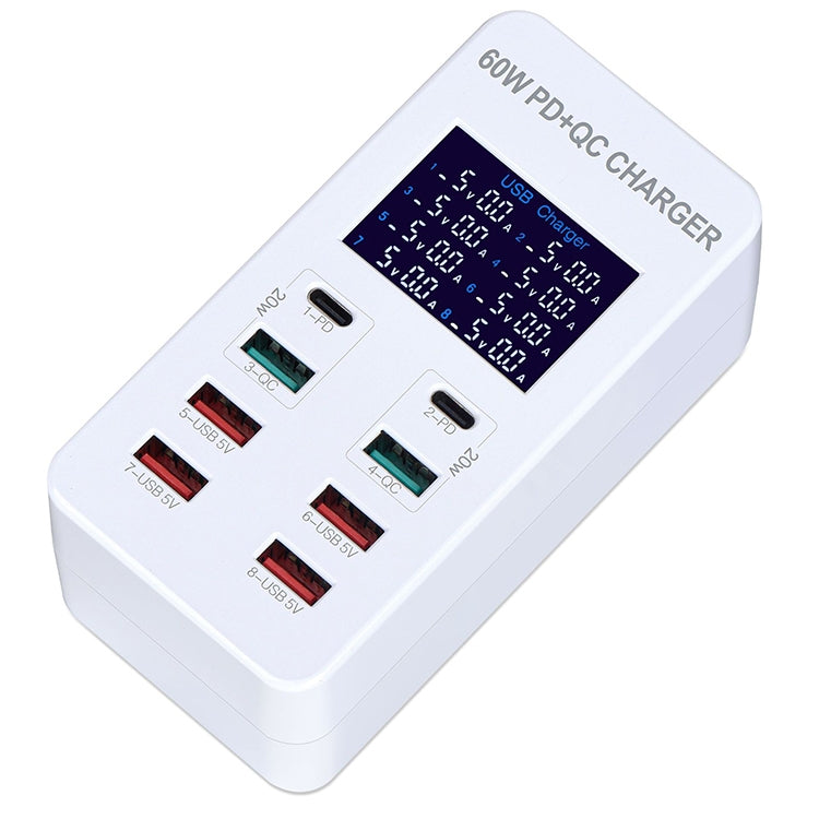Station de charge intelligente A8T 60W 8 ports USB + QC3.0 + PD Type-C avec affichage numérique AC100-240V, prise EU, prise EU A8T