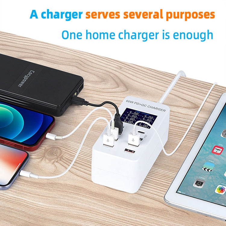 Station de charge intelligente A8T 60W 8 ports USB + QC3.0 + PD Type-C avec affichage numérique AC100-240V, prise EU, prise EU A8T
