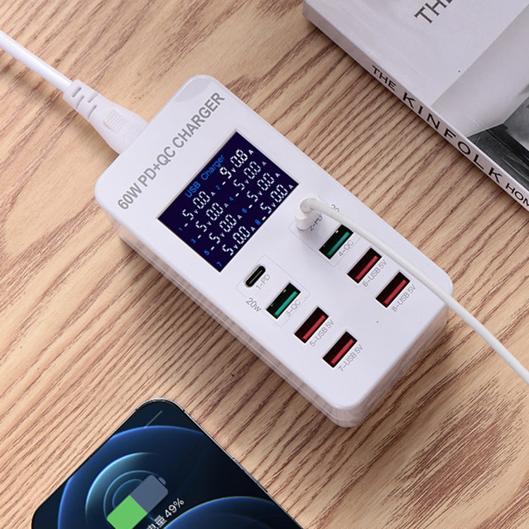 A8T Station de recharge intelligente 8 ports USB + QC3.0 + PD Type-C 60 W avec écran numérique AC100-240V, prise UK, A8T prise UK