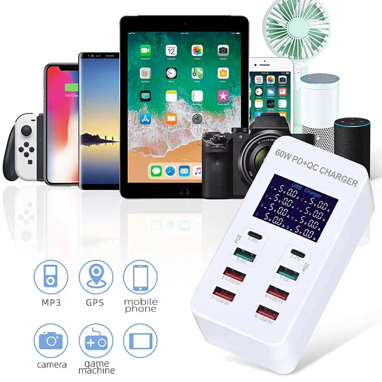 A8T Station de recharge intelligente 8 ports USB + QC3.0 + PD Type-C 60 W avec écran numérique AC100-240V, prise UK, A8T prise UK
