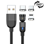 Câble de synchronisation et charge magnétique rotatif 540 degrés 3 en 1 USB vers 8 broches + USB-C / Type-C + Micro USB sortie 3A 1m, 3 en 1 1m