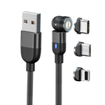 Câble de synchronisation et de charge magnétique rotatif à 540 degrés USB 3 en 1 vers 8 broches + USB-C / Type-C + Micro USB, 2m 3A, 2m 3 en 1