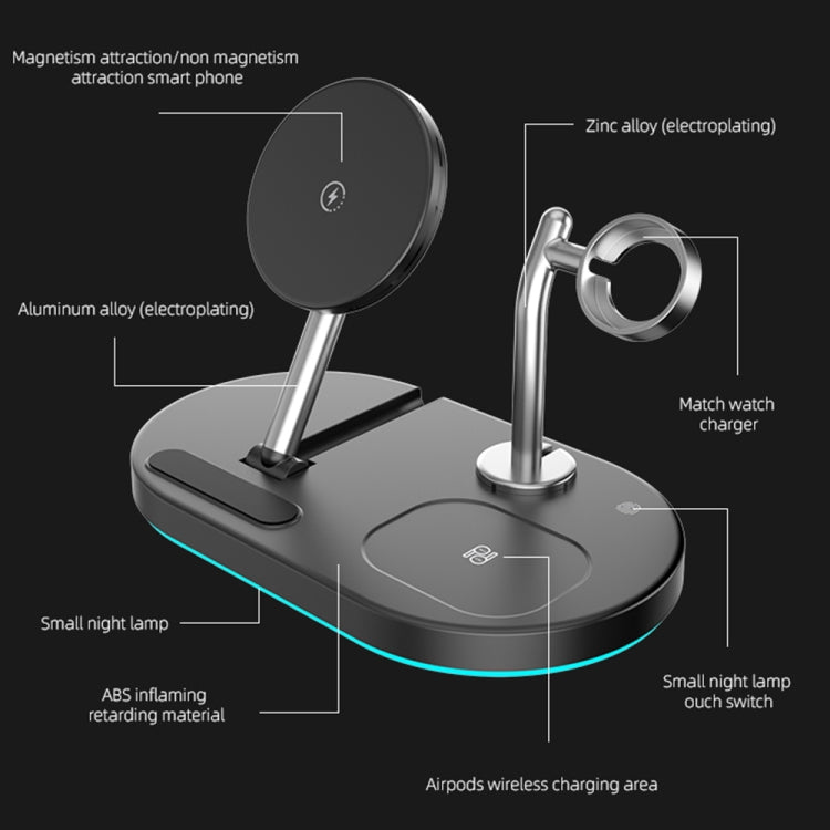 S20 4 en 1 15W Chargeur sans fil magnétique multifonctionnel avec veilleuse et support pour téléphones portables / AirPods, S20 Noir, S20 Blanc