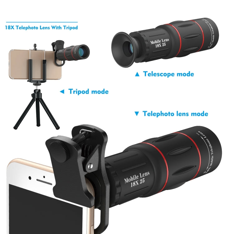 Objectif universel 18X Téléobjectif 3 en 1 + Trépied + Clip pour téléphone portable, APL-T18ZJ