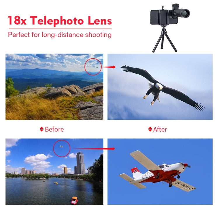 Objectif universel 18X Téléobjectif 3 en 1 + Trépied + Clip pour téléphone portable, APL-T18ZJ
