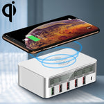 WLX-818F Chargeur 6-en-1 10W QC3.0 sans fil + USB-C / Type-C + 4 ports USB avec écran LCD intelligent, prise EU / AU, prise EU / AU (blanc)