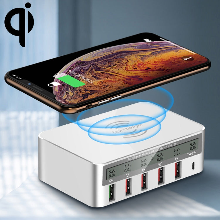 WLX-818F Chargeur 6-en-1 10W QC3.0 sans fil + USB-C / Type-C + 4 ports USB avec écran LCD intelligent, prise EU / AU, prise EU / AU (blanc)