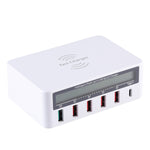 WLX-818F Chargeur 6-en-1 10W QC3.0 sans fil + USB-C / Type-C + 4 ports USB avec écran LCD intelligent, prise EU / AU, prise EU / AU (blanc)