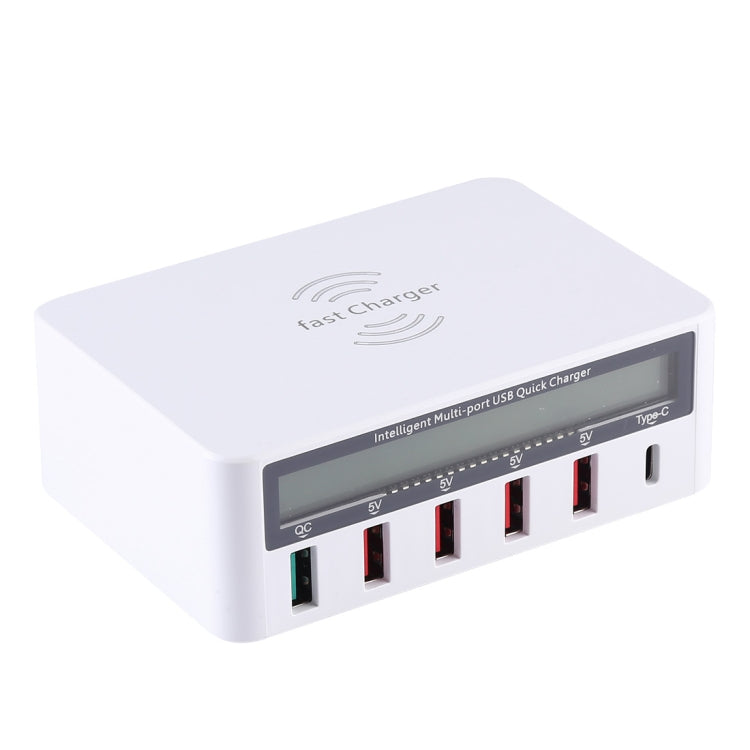 WLX-818F Chargeur 6-en-1 10W QC3.0 sans fil + USB-C / Type-C + 4 ports USB avec écran LCD intelligent, prise EU / AU, prise EU / AU (blanc)