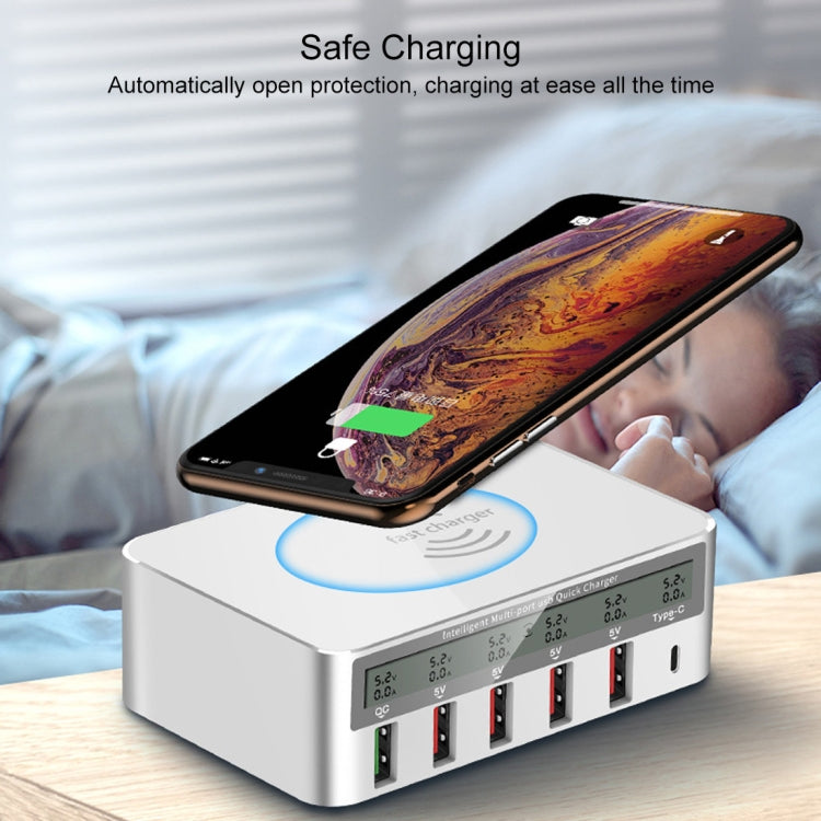 WLX-818F Chargeur 6-en-1 10W QC3.0 sans fil + USB-C / Type-C + 4 ports USB avec écran LCD intelligent, prise EU / AU, prise EU / AU (blanc)