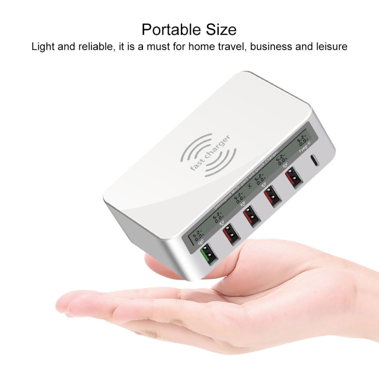 WLX-818F Chargeur 6-en-1 10W QC3.0 sans fil + USB-C / Type-C + 4 ports USB avec écran LCD intelligent, prise EU / AU, prise EU / AU (blanc)