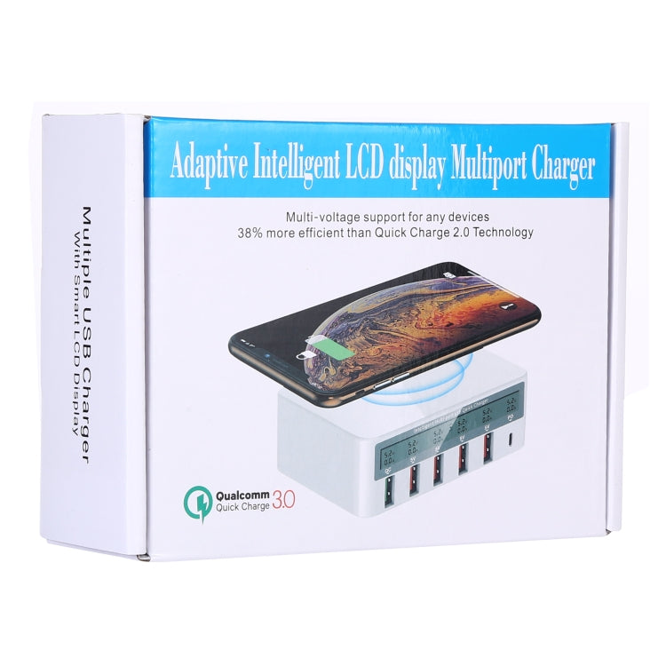 WLX-818F Chargeur 6-en-1 10W QC3.0 sans fil + USB-C / Type-C + 4 ports USB avec écran LCD intelligent, prise EU / AU, prise EU / AU (blanc)