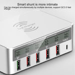 WLX-818F Chargeur 6-en-1 10W QC3.0 sans fil + USB-C / Type-C + 4 ports USB avec écran LCD intelligent, prise EU / AU, prise EU / AU (blanc)