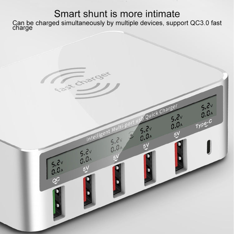 WLX-818F Chargeur 6-en-1 10W QC3.0 sans fil + USB-C / Type-C + 4 ports USB avec écran LCD intelligent, prise EU / AU, prise EU / AU (blanc)