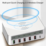 WLX-818F Chargeur 6-en-1 10W QC3.0 sans fil + USB-C / Type-C + 4 ports USB avec écran LCD intelligent, prise EU / AU, prise EU / AU (blanc)